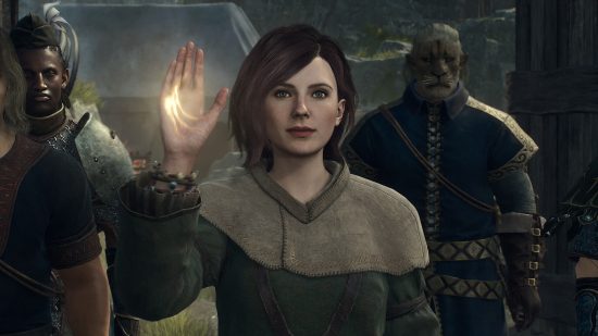 Image of red-haired women in traveling clothes raising her right hand to show a glowing scar on it.