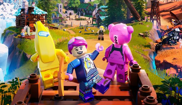 A blue and pink Lego minifigure in a brightly-coloured landscape, with a bear and a banana minifig next to them.