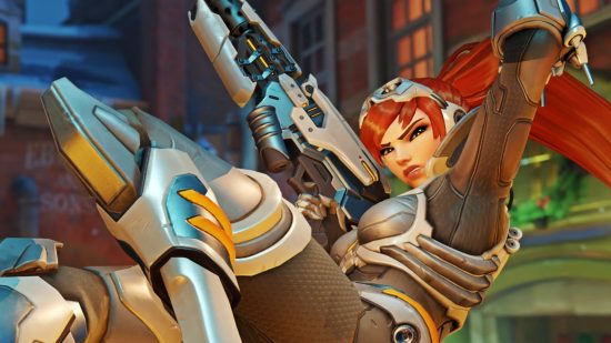 Widowmaker swings into view dressed in her Kerrigan costume for the Overwatch 2 Winter Wonderland event.