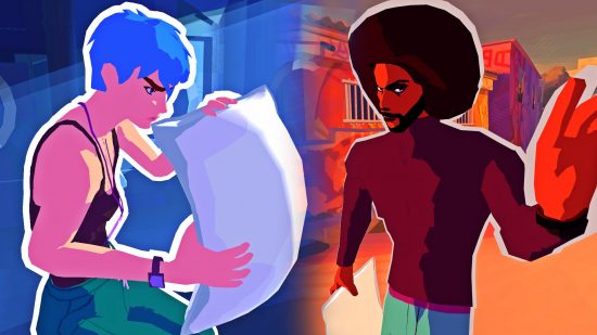 Two fighters in Pillow Champ go head to head, both clutching their respective pillows as they adopt their signature fighting stance.