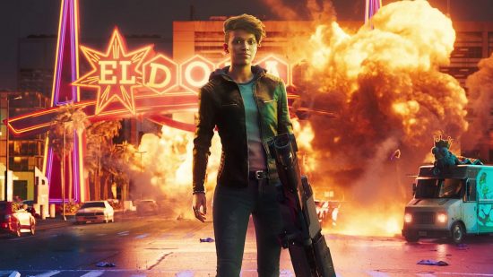 Image of woman standing in a street as a building explodes behind her.