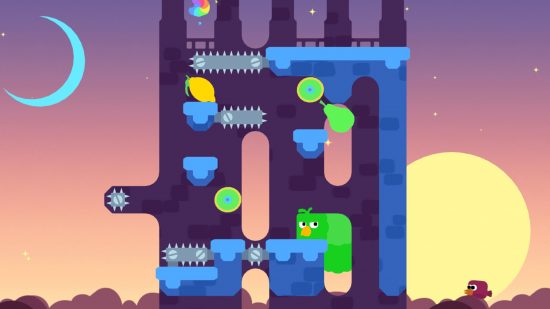 A green bird-snake creature, crawling over platforms.