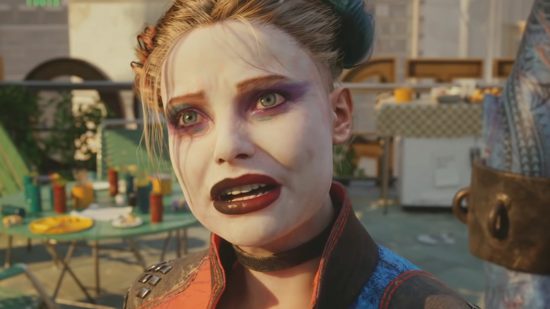 A close up of Harley Quinn from Suicide Squad Kill the Justice League.